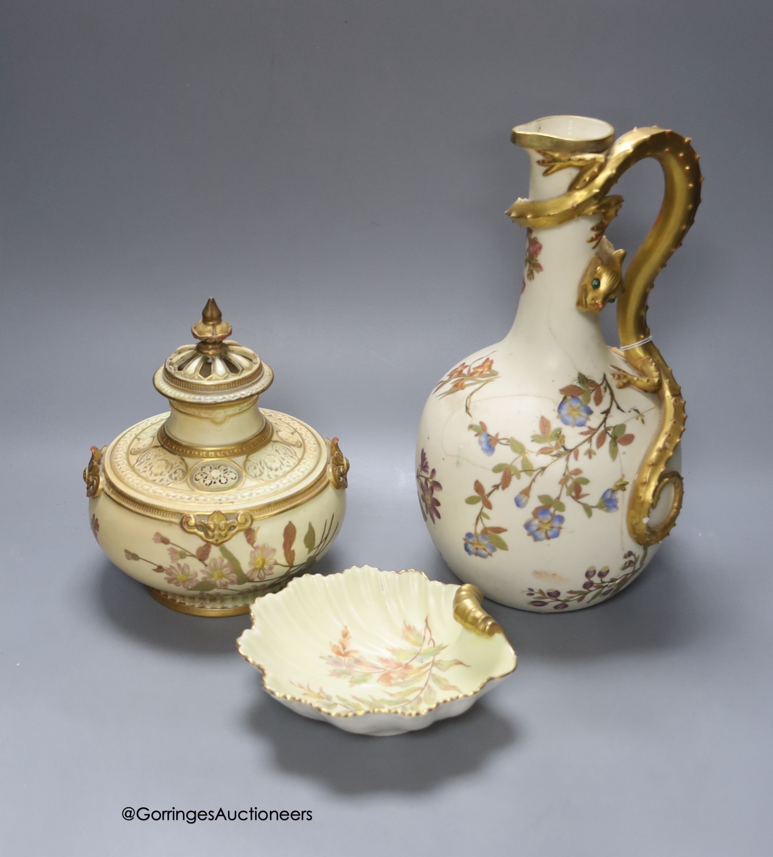 A Royal Worcester pot pourri vase and cover, a shell dish and a blush and gilt lizard handled vase, 29cm (faults)